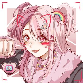 1girl animal_ears bead_necklace beads black_jacket border brown_arm_warmers cat_ears chinese_commentary commentary_request drawn_ears drawn_whiskers eyelashes eyes_visible_through_hair fur-trimmed_jacket fur-trimmed_sleeves fur_trim gyaru hair_ornament hair_scrunchie hairclip happy heart heart_hair_ornament heart_necklace highres holding holding_toy infinity_nikki jacket jewelry lipstick long_hair long_sleeves lower_teeth_only makeup multicolored_hair necklace nikki_(series) open_mouth outside_border parallel_hairclips pink_background pink_eyes pink_hair pink_lips pink_scrunchie rainbow_hair_ornament rosie_sweetheart_(infinity_nikki) scrunchie shenmejiu sidelocks smile solo split-color_hair star_(symbol) star_hair_ornament straight_hair tamagotchi_(virtual_pet) teeth toy two_side_up upper_body viewfinder virtual_pet_(toy) white_border x_hair_ornament y2k_fashion