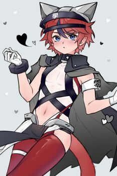 1boy :t absurdres animal_ears armband black_hair blue_eyes blush cat_ears cat_tail chinese_commentary closed_mouth commentary_request cowboy_shot gloves grey_background hair_between_eyes heart highres male_focus meihuajiangle multicolored_hair navel pantyhose pelvic_curtain red_hair red_pantyhose short_hair solo streaked_hair sumino_takumi tabard tail the_hundred_line_-last_defense_academy- two-tone_hair w_arms white_armband white_gloves