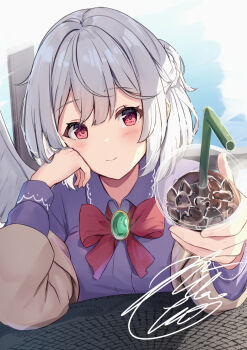 1girl arm_support blush breasts clothes_pull cup feathered_wings hair_between_eyes hand_on_own_cheek hand_on_own_face hands_up happy head_rest highres holding holding_cup jacket jacket_pull kishin_sagume looking_at_viewer medium_breasts medium_hair niko_kusa open_clothes open_jacket purple_shirt red_eyes shirt single_wing sitting smile solo touhou upper_body white_hair white_wings wings