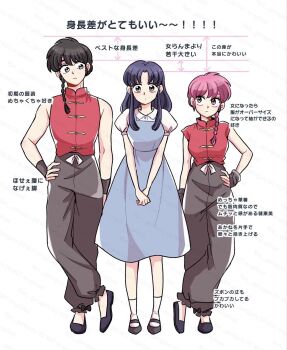 1boy 2girls arm_at_side black_eyes black_hair black_pants black_shoes blue_dress blue_hair braid braided_ponytail breasts brown_eyes character_profile chinese_clothes commentary_request dress dual_persona fuurinkan_high_school_uniform genderswap genderswap_(mtf) hand_on_own_hip heel_up height_chart height_difference highres long_dress long_hair looking_at_another looking_at_viewer looking_to_the_side low_ponytail multiple_girls no_socks pankou pants parted_bangs pinafore_dress ponytail ranma-chan ranma_1/2 red_hair red_shirt saotome_ranma school_uniform shirt shoes short_hair short_sleeves sidelocks simple_background single_braid sleeveless sleeveless_dress sleeveless_shirt socks standing standing_on_one_leg symmetrical_pose symmetry tangzhuang tendou_akane tori_(runrunpiia) translation_request v_arms white_background white_shirt white_socks