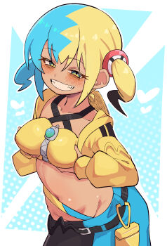 1girl absurdres blonde_hair blue_hair breasts buzzlyears canari_(pokemon) cropped_jacket grabbing_own_breast grin highres jacket looking_at_viewer medium_breasts multicolored_hair navel nintendo parted_lips pokemon pokemon_legends:_z-a smile solo split-color_hair sports_bra twintails yellow_eyes yellow_jacket yellow_sports_bra