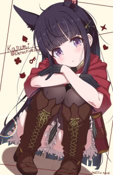 1girl absurdres animal_ears black_gloves black_hair black_thighhighs blush book boots commentary_request foolforpriconne frilled_skirt frills gloves highres hime_cut kasumi_(princess_connect!) long_hair looking_at_viewer princess_connect! purple_eyes skirt thighhighs