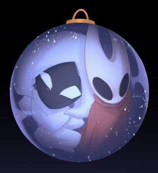 2girls arthropod_girl ayalace black_eyes black_skin blank_eyes bodysuit christmas christmas_ornaments cloak colored_skin commentary english_commentary hat highres hollow_eyes hollow_knight hollow_knight:_silksong horned_mask hornet_(hollow_knight) horns lace_(hollow_knight) looking_at_viewer mask multiple_girls no_mouth puffy_sleeves red_cloak reflection white_bodysuit white_eyes white_hat white_mask