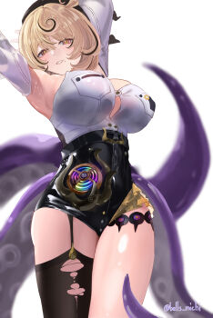 1girl absurdres armpits arms_up asymmetrical_shorts bare_shoulders beret black_hat black_shorts black_thighhighs blonde_hair blurry blurry_background breasts button_gap commentary_request cowboy_shot cowlick detached_sleeves garter_straps hair_between_eyes hat high-waist_shorts highres large_breasts looking_at_viewer michikusa_(bells_michi) mole mole_under_mouth parted_lips purple_eyes shirt shirt_tucked_in short_hair shorts simple_background single_garter_strap single_thighhigh solo suction_cups tentacle_girl tentacle_tail tentacles thighhighs torn_clothes torn_thighhighs twitter_username white_background white_shirt white_sleeves yidhari_murphy zenless_zone_zero