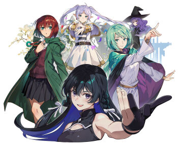 5girls black_hair cape character_request frieren green_eyes green_hair hat hatori_chise highres mahou_tsukai_no_yome mjurran multiple_girls nyoro_(nyoronyoro000) pointy_ears purple_eyes purple_hair red_hair smile sousou_no_frieren tanezaki_atsumi tensei_shitara_slime_datta_ken tinasha_(unnamed_memory) twintails unnamed_memory voice_actor_connection white_hair witch_hat yuusha_party_wo_tsuihou_sareta_beast_tamer_saikyoushu_no_nekomimi_shoujo_to_deau