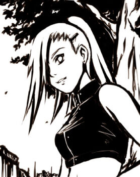 Rule 34 | 1girl, breasts, earrings, female focus, hair ornament, hair over one eye, hairclip, jewelry, long hair, lowres, monochrome, naruto (classic), naruto (series), nature, outdoors, plant, ponytail, solo, tk (tk's level4), tree, yamanaka ino