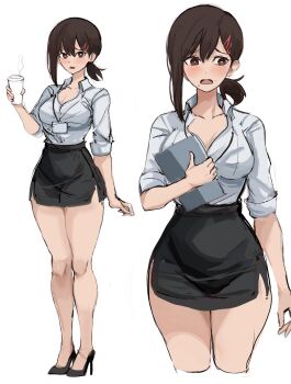 1girl black_skirt breasts brown_eyes brown_hair chainsaw_man clipboard cup disposable_coffee_cup disposable_cup higashiyama_kobeni highres holding holding_clipboard large_breasts miniskirt multiple_views office_lady pencil_skirt ponytail rakeemspoon shirt short_ponytail simple_background single_sidelock skirt thighs white_background white_shirt