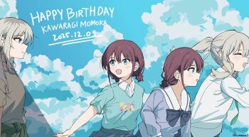 2girls absurdres bandaid bandaid_on_face bandaid_on_forehead blue_bow blue_bowtie blue_eyes blue_shirt blush bow bowtie brown_hair clothes_around_waist commentary dated girls_band_cry green_jacket green_necktie grey_eyes grey_hair grey_shirt happy_birthday hashtag-only_commentary highres iseri_nina jacket jacket_around_waist kawaragi_momoka low_twintails multicolored_hair multiple_girls necktie open_mouth ponytail roots_(hair) school_uniform shirt short_hair short_twintails sidelocks time_progression twintails weabooz