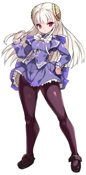 1girl bow bowtie breasts brown_shoes capcom_fighting_jam closed_mouth commentary_request expressionless frilled_skirt frills full_body gluteal_fold hair_behind_ear hairpods hand_in_own_hair hand_on_own_hip highres ingrid_(capcom) jacket karukan_(monjya) long_hair long_sleeves looking_at_viewer mary_janes pantyhose purple_jacket purple_pantyhose purple_skirt red_eyes shoes simple_background skirt small_breasts solo standing street_fighter white_background white_bow white_bowtie white_hair