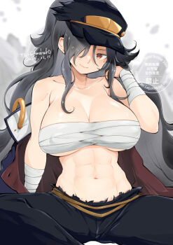 Rule 34 | 1girl, abs, artist name, black hair, black hat, black pants, breasts, budget sarashi, commentary request, daidouji (senran kagura), dated, delinquent, hair over one eye, hat, kinako (mzknk0), large breasts, long hair, looking at viewer, mole, mole under eye, muscular, muscular female, navel, pants, ponytail, red eyes, sarashi, senran kagura, smile, solo, twitter username