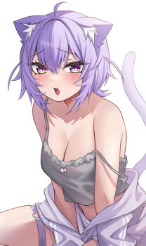 1girl ahoge animal_ears bare_shoulders blush breasts cat_cutout cat_ears cat_girl cat_tail cleavage clothes_pull clothing_cutout collarbone commentary_request crop_top hair_between_eyes highres hololive jacket large_breasts looking_at_viewer medium_hair mimikaki nekomata_okayu nekomata_okayu_(membership) no_bra official_alternate_costume open_clothes open_jacket partially_unzipped purple_eyes purple_hair purple_jacket smile solo tail tenpa_illust virtual_youtuber