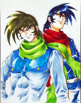 Rule 34 | 2boys, beniazumaru, black hair, blue bodysuit, blue eyes, bodysuit, brown hair, commentary request, crossed arms, getter robo, green scarf, grin, highres, jin hayato, long bangs, marker (medium), mecha pilot suit, multicolored bodysuit, multiple boys, nagare ryoma, red scarf, scarf, shin getter robo vs neo getter robo, short hair, sideburns, smile, thick eyebrows, traditional media, two-tone bodysuit, upper body, v-shaped eyebrows