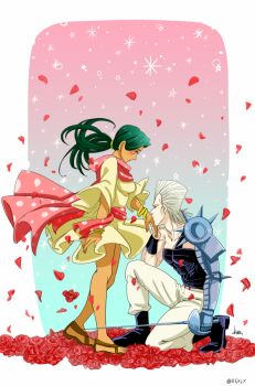 1boy 1girl blush dress flower from_side green_hair hair_tie haru_56 hetero jean_pierre_polnareff jojo_no_kimyou_na_bouken kiss kissing_hand kneeling malena_(jojo) on_one_knee petals ponytail rapier rose sandals scarf signature silver_chariot silver_hair stand_(jojo) sword twitter_username weapon