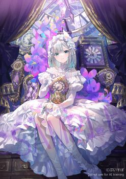 1girl aqua_hair aqua_nails bow clock curtains dress dress_bow fuzichoco hair_bow highres indoors kaga_sumire long_sleeves looking_at_viewer medium_hair official_art sample_watermark shoes sitting smile solo virtual_youtuber vspo! watermark white_bow white_dress white_shoes