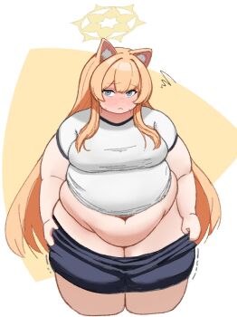 1girl animal_ear_fluff animal_ears belly blue_archive blue_eyes blue_shorts blush breasts clothes_pull cowboy_shot fat fat_woman frown full-face_blush gym_shorts halo long_hair mari_(blue_archive) mari_(track)_(blue_archive) medium_breasts midriff navel orange_hair shirt shorts shorts_pull sidelocks solo straight_hair sweat t-shirt thick_thighs thighs tight_clothes undressing wawawaltz white_shirt
