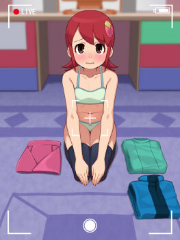 1girl battery_indicator black_thighhighs blue_vest blurry blurry_background blush bow bow_panties bra brown_eyes commentary_request commission depth_of_field dogeza flat_chest full_body green_bra green_panties green_shirt hair_ornament hands_on_own_knees highres livestream long_hair long_sleeves looking_at_viewer mayl_sakurai_(mega_man) mega_man_(series) mega_man_battle_network_(series) miniskirt panties parted_lips pink_skirt red_hair seiza shirt sitting skeb_commission skirt solo stupa13a thighhighs training_bra underwear unworn_shirt unworn_skirt unworn_vest variant_set vest viewfinder wavy_mouth