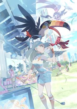 1girl 3boys ahoge bird black_eyes black_feathers black_hair blue_eyes blue_hair blue_hat blue_sclera blue_skirt buttons character_print collared_shirt colored_sclera colored_skin e_volution feathers flamigo flamingo flipped_hair flower_wreath frilled_shirt frills gen_2_pokemon gen_7_pokemon golf_club green_shorts grey_skin hat hawaiian_shirt highres holding holding_golf_club horns kahili_(pokemon) kneehighs larry_(pokemon) larry_(special_costume)_(pokemon) long_hair metal_skin mole mole_under_eye multiple_boys natu nintendo official_alternate_costume orange_socks oricorio oricorio_(baile) oricorio_(pom-pom) pencil_skirt pink_feathers pink_shirt pokemon pokemon_masters_ex pokemon_sm red_feathers shirt short_sleeves shorts single_horn skarmory skirt socks solo_focus striped_clothes striped_shirt sunglasses toucan toucannon two-tone_feathers v-shaped_eyes visor_cap white_feathers xatu yellow_feathers yellow_sclera