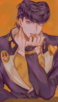 1boy ? anchor_ornament beni_(96beni_) black_hair black_jacket collared_jacket diamond_wa_kudakenai earrings gakuran hand_on_own_chin heart higashikata_josuke jacket jewelry jojo_no_kimyou_na_bouken male_focus open_clothes open_jacket parted_lips peace_symbol pompadour purple_eyes school_uniform sleeves_past_wrists solo spoken_question_mark upper_body yellow_background zipper