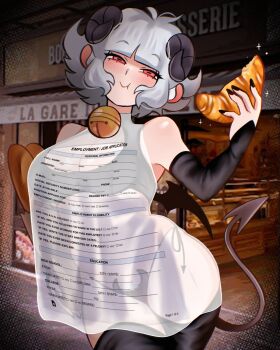 1girl :t \||/ absurdres animal_ears antenna_hair arm_at_side artist_self-insert bag baguette bakery bare_shoulders bell black_gloves black_horns black_nails black_pants black_ribbon black_shirt black_tail black_thighhighs black_wings blunt_bangs blush bread breasts brown_bag chromatic_aberration cleavage cleavage_cutout closed_mouth clothing_cutout commentary contrapposto covered_navel cowboy_shot croissant crop_top cropped_shirt curvy demon_girl demon_horns demon_tail demon_wings dress eating elbow_gloves english_commentary eyes_visible_through_hair female_pubic_hair fingerless_gloves flipped_hair flipped_sidelocks food gloves half-closed_eyes head_tilt helltaker highres hip_dips holding holding_bag holding_food horns job_application_form_(meme) looking_at_viewer medium_breasts meme mole mole_on_breast nail_polish navel neck_bell original osu_(osulan) osulan outdoors panties pants paper_bag photo_background pubic_hair red_eyes ribbon see-through_clothes see-through_dress see-through_silhouette sheep_ears sheep_girl sheep_horns shirt shop short_dress short_hair side-tie_panties sidelocks sleeveless sleeveless_dress sleeveless_shirt sleeveless_turtleneck smile solo sparkle standing stomach tail thick_thighs thighhighs thighs turtleneck turtleneck_dress turtleneck_shirt underwear vignetting white_dress white_hair wings