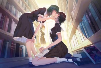 3girls absurdres after_kiss bent_over black_dress black_hair blush book book_stack bookshelf closed_eyes commentary_request day dress flowers_(innocent_grey) from_side green_hair hand_on_another's_cheek hand_on_another's_face hand_on_own_knee highres holding holding_book indoors kafkasea library mary_janes multiple_girls open_book profile saliva saliva_trail school_uniform shirahane_suou shoes short_hair short_sleeves sitting socks standing takasaki_chidori tongue tongue_out walk-in wariza white_socks yaegaki_erika yuri