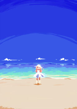 1girl barefoot beach blue_sky chaos;head closed_eyes cloud day dress facing_viewer hat horizon long_hair mamimu_(ma-mi-mu.me) ocean outdoors pink_hair sakihata_rimi sand science_adventure sky smile solo standing sun_hat sundress white_dress white_hat wide_shot