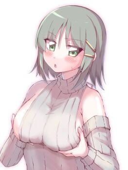 1girl aizawa_sakuya backless_dress backless_outfit bare_shoulders blush breasts dress grabbing_own_breast green_eyes grey_hair hair_ornament hayate_no_gotoku! highres large_breasts no_bra short_hair sideboob simple_background sleeveless sleeveless_turtleneck solo sweater sweater_dress turtleneck upper_body virgin_killer_sweater white_background