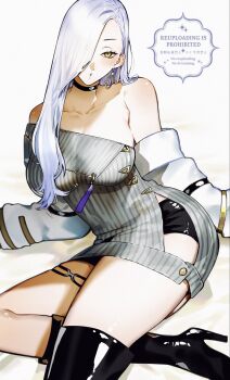 1girl bare_shoulders black_boots black_shorts blue_lips blush boots breasts choker cleavage collarbone commentary_request dress earrings eyeliner fate/grand_order fate_(series) grey_dress hair_over_one_eye high_heel_boots high_heels highres hoop_earrings jacket jewelry kabosoi_mangaka large_breasts long_hair long_sleeves looking_at_viewer makeup mrs._snake_(fate) off_shoulder parted_lips short_shorts shorts sweater sweater_dress tassel thigh_boots thighs white_hair white_jacket yellow_eyes