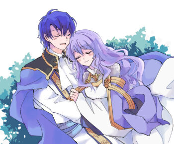 1boy 1girl ascot blue_cape blue_hair blush cape closed_eyes couple deirdre_(fire_emblem) dress fire_emblem fire_emblem:_genealogy_of_the_holy_war hetero husband_and_wife kitano_373 long_hair long_sleeves nintendo purple_hair shirt short_hair sigurd_(fire_emblem) very_long_hair white_ascot white_dress white_shirt wide_sleeves