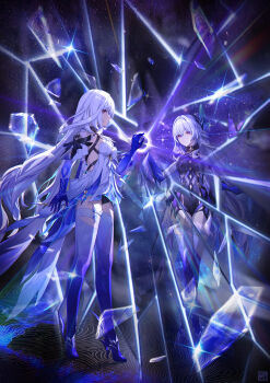 1girl absurdres breasts chinese_commentary commentary_request different_reflection dress dual_persona full_body genshin_impact hair_ornament high_heels highres large_breasts long_hair multiple_views reflection skirk_(genshin_impact) standing tongyu very_long_hair white_dress white_hair