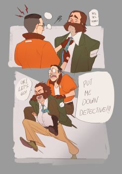 2boys adjusting_clothes adjusting_necktie black_hair blazer bomber_jacket brown_hair buzz_cut carrying collared_shirt commentary disco_elysium english_commentary english_text facial_hair glasses gloves green_jacket harry_du_bois highres horrific_necktie jacket kim_kitsuragi male_focus multiple_boys mutton_chops necktie nurve26 orange_gloves orange_jacket piggyback running shirt shirt_tucked_in short_hair very_short_hair white_shirt