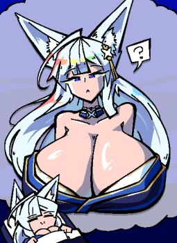 Rule 34 | 1girl, ?, ahoge, alternate breast size (larger), animal ears, azur lane, bare shoulders, bed, bed sheet, blue background, blue eyes, blue kimono, blunt bangs, breasts, cleavage, closed eyes, collar, collarbone, commentary, detached collar, dreaming, english commentary, fox ears, hair ornament, head on pillow, japanese clothes, kimono, kitsune, large breasts, long hair, looking at viewer, on bed, pillow, shinano (azur lane), simple background, sirhoopsalot, sleeping, solo, speech bubble, squeans, upper body, white hair