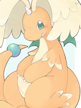 blush claws dragonite feathered_wings gen_1_pokemon green_eyes happy head_wings highres horns kuzuyu mega_dragonite mega_pokemon nintendo no_humans open_mouth pokemon pokemon_(creature) pokemon_focus simple_background single_horn smile solo tail wings