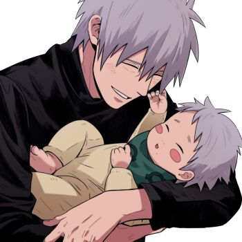 2boys baby black_shirt blush blush_stickers carrying carrying_baby carrying_person closed_eyes father_and_son grey_hair hair_between_eyes happy hatake_kakashi hatake_sakumo highres long_sleeves male_focus mole mole_under_mouth multiple_boys naruto_(series) open_mouth sameccor shirt short_hair upper_body white_background