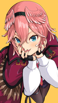 1girl black_gloves black_hairband black_pantyhose black_shorts blue_eyes coat coat_on_shoulders commentary_request double-parted_bangs dress_shirt feather-trimmed_coat feet_out_of_frame fingerless_gloves foreshortening gloves hair_between_eyes hairband hands_on_own_cheeks hands_on_own_face haniwa_(leaf_garden) head_wings highres hololive leaning_forward long_sleeves nail_polish necktie open_mouth pantyhose pink_hair pink_wings red_coat red_nails red_necktie shirt short_hair shorts simple_background smile solo takane_lui takane_lui_(1st_costume) thigh_strap v-shaped_eyebrows virtual_youtuber white_shirt wings yellow_background