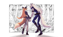 Rule 34 | 1boy, 1girl, animal ears, arm strap, belt, black coat, black footwear, blue bodysuit, body fur, bodysuit, boots, claws, closed mouth, coat, collared bodysuit, collared jumpsuit, facing another, fang, fang out, fangs, forest, fox ears, fox girl, fox tail, from behind, full body, furry, furry female, furry male, gloves, grey fur, grey pants, high collar, highres, long hair, nature, open mouth, orange fur, orange hair, original, pants, partially colored, plaid, plaid pants, precure, rata (norahasu), sleeveless, sleeveless bodysuit, smile precure!, studded belt, studded bracelet, tail, walking, white background, white hair, wolf boy, wolf ears, wolf tail, wolfrun