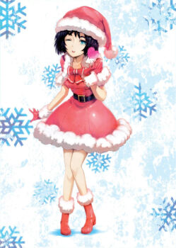 Rule 34 | 1girl, belt, belt buckle, black belt, black hair, blue background, blue eyes, blush, bob cut, boots, bow, breasts, buckle, capelet, chest bow, christmas, collarbone, cropped, dress, full body, fur-trimmed boots, fur-trimmed capelet, fur-trimmed dress, fur-trimmed gloves, fur trim, gloves, hat, huke, knees together feet apart, leaning forward, leather belt, looking at viewer, medium breasts, official art, one eye closed, open mouth, red boots, red bow, red dress, red gloves, ringed eyes, santa costume, santa hat, science adventure, shiina mayuri, short hair, short sleeves, smile, snowflake background, solo, square pupils, steins;gate, steins;gate 0, tareme, tongue