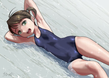 1girl armpits arms_behind_head black_one-piece_swimsuit commentary_request dutch_angle feet_out_of_frame flat_chest gluteal_fold green_eyes lying new_school_swimsuit on_side one-piece_swimsuit open_mouth original rohitsuka round_teeth school_swimsuit short_hair side_ponytail smile solo swimsuit teeth upper_teeth_only
