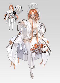 1girl :d absurdres artist_logo artist_name bare_shoulders black_ribbon blue_eyes bow breasts center_opening chinese_commentary cleavage commission criss-cross_halter curtained_hair detached_sleeves flipped_hair freeze_(867139) frilled_leotard frills full_body garter_straps grey_background hair_intakes hair_ornament halo halo_behind_head halterneck hand_up highres large_breasts laurel_crown leaning_forward leotard logo long_hair long_sleeves looking_at_viewer multiple_views nail_polish navel open_mouth orange_hair orange_nails original outstretched_arm outstretched_hand parted_bangs plunging_neckline reference_sheet ribbon sample_watermark shoes showgirl_skirt sidelocks simple_background skirt smile solo spiked_halo standing thighhighs v-neck very_long_hair watermark white_bow white_garter_straps white_halo white_leotard white_ribbon white_shoes white_skirt white_sleeves white_thighhighs wide_sleeves wolf_cut wrist_ribbon