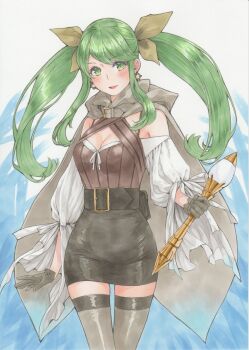 1girl arms_at_sides belt belt_buckle black_belt black_skirt bodice breasts buckle cleavage commentary_request earrings feet_out_of_frame green_eyes green_hair grey_thighhighs highres jewelry large_breasts long_hair long_sidelocks looking_at_viewer marker_(medium) meeya off-shoulder_shirt off_shoulder original parted_bangs parted_lips pencil_skirt shirt sidelocks skirt smile solo standing thighhighs traditional_media twintails white_shirt zettai_ryouiki