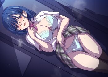 1girl blue_bra blue_hair blue_panties blush bra breasts brown_thighhighs cleavage clothes_lift commentary_request glasses green_skirt highres large_breasts marugoshi_(54burger) open_mouth original panties purple_eyes shirt short_hair short_sleeves skirt solo thighhighs thighs underwear white_shirt