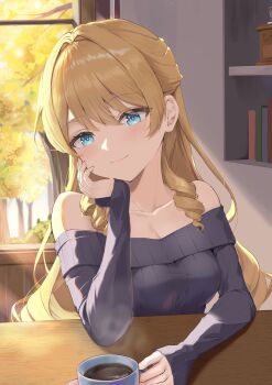 1girl absurdres alternate_costume bare_shoulders black_sweater blonde_hair blue_eyes breasts coffee commentary_request cup drill_hair drill_sidelocks genshin_impact highres long_hair looking_at_viewer navia_(genshin_impact) off-shoulder_sweater off_shoulder sidelocks smile solo sweater yukineco_0928