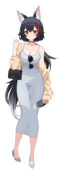 Rule 34 | 1girl, absurdres, alternate costume, animal ear fluff, animal ears, bag, black collar, black hair, breasts, cardigan, cleavage, closed mouth, collar, commentary, crossed bangs, dongtan dress, double-parted bangs, dress, eyewear hang, full body, grey dress, grey footwear, hair between eyes, hair ornament, hairclip, hand up, handbag, high heels, highres, hololive, large breasts, long hair, looking at viewer, low ponytail, multicolored hair, one o clcok, ookami mio, open cardigan, open clothes, pencil dress, ponytail, red hair, simple background, single off shoulder, single sleeve past fingers, smile, solo, spiked hair, streaked hair, sunglasses, tail, tail around own leg, tail wrap, tight clothes, unworn eyewear, very long hair, virtual youtuber, white background, white hair, wolf ears, wolf girl, wolf tail, yellow cardigan, yellow eyes