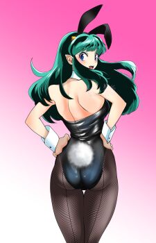 1girl absurdres animal_ears ass black_leotard black_pants blue_eyes breasts commentary_request cone_horns detached_collar fake_animal_ears fishnet_pantyhose fishnets from_behind gradient_background green_hair hands_on_own_hips highres horns leotard long_hair looking_at_viewer looking_back lum medium_breasts nanao_futaba pants pantyhose pink_background playboy_bunny pointy_ears rabbit_ears rabbit_tail smile solo tail thigh_gap urusei_yatsura wrist_cuffs