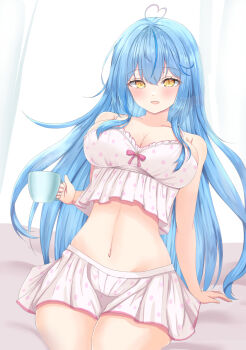 1girl ahoge bare_shoulders blue_hair blush breasts camisole cleavage collarbone colored_tips commentary_request cup elf hair_between_eyes hair_ornament heart heart_ahoge highres holding holding_cup hololive large_breasts long_hair looking_at_viewer multicolored_hair navel official_alternate_costume official_alternate_hairstyle open_mouth pink_hair pointy_ears polka_dot polka_dot_camisole polka_dot_skirt scarlet_mirin skirt sleepwear smile solo stomach virtual_youtuber white_background white_camisole white_skirt yellow_eyes yukihana_lamy yukihana_lamy_(roomwear)