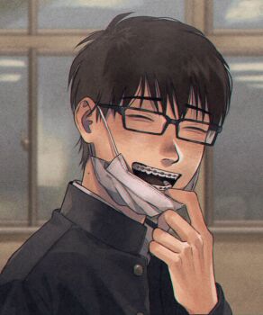 1boy arm_up black-framed_eyewear black_hair black_jacket braces buttons closed_eyes collared_jacket collared_shirt commentary_request gakuran highres jacket laughing long_sleeves male_focus mask mask_pull mouth_mask open_mouth original rectangular_eyewear school_uniform shirt short_hair sirokomamaru solo teeth white_shirt window