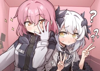 2girls ? @_@ absurdres bad_tag blush conductor_(resonance_solstice) gloves golmonggu hair_ornament highres jacket jojo_pose livia_(resonance_solstice) long_hair long_sleeves looking_at_viewer multiple_girls photo_booth pink_hair resonance_solstice ringed_eyes v white_gloves white_hair yellow_eyes