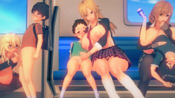 3boys 3d 3girls age_difference breasts cleavage fellatio handjob huge_breasts large_breasts multiple_boys multiple_girls oral shota