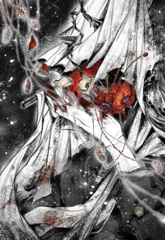 Rule 34 | 1boy, black background, charon (reverse:1999), coat, covered face, dog tags, eat cola, flower, greyscale, hand up, hashtag-only commentary, highres, holding dog tags, male focus, monochrome, poppy (flower), red flower, reverse:1999, solo, spot color, upper body, veil