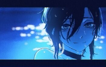 1girl black_choker black_hair blue_theme chainsaw_man choker close-up closed_mouth commentary english_commentary hair_between_eyes looking_at_viewer pool reze_(chainsaw_man) solo spoiledmuffin wet