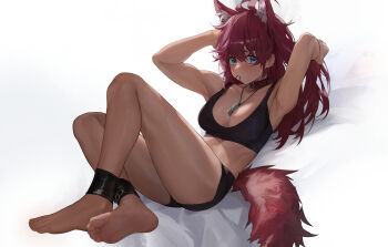 1girl absurdres ahoge animal_collar animal_ear_fluff animal_ears ankle_cuffs armpits arms_up barefoot black_shorts black_sports_bra blue_eyes blush bound_ankles breasts collar commentary_request dog_tags far_side feet full_body gundam gundam_suisei_no_majo hair_between_eyes highres knee_up large_breasts legs long_hair lying messy_hair midriff mouth_hold on_back red_hair shadow shiny_skin short_shorts shorts sidelocks simple_background soles solo sports_bra suletta_mercury sweat tail thighs toes white_background wolf_ears wolf_tail